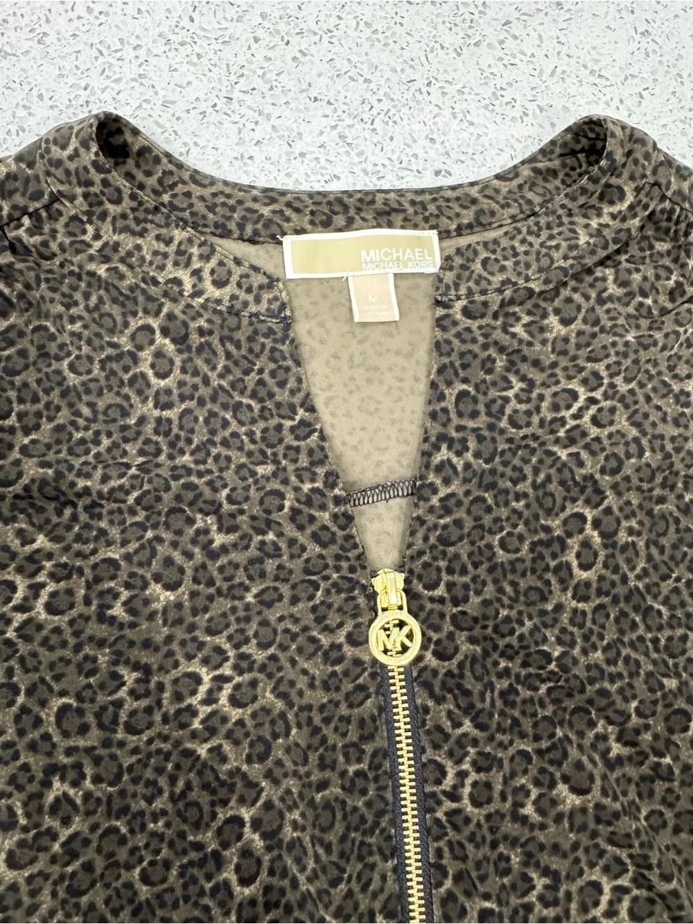 Michael Kors Olive Green Leopard Zip-Front Blouse with Gold Pull